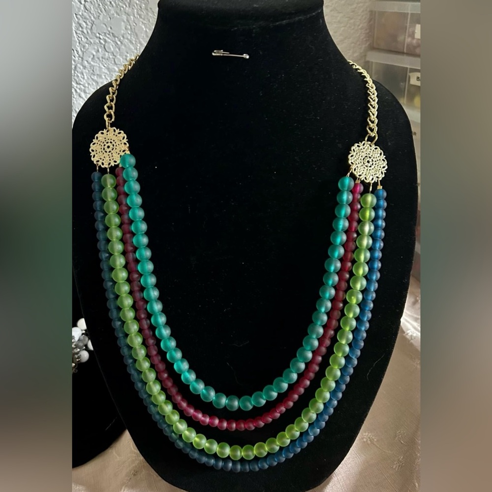 Green and Blue Multi-Strand Necklace with Gold Medallions